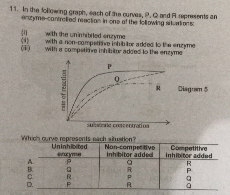 In the following graph, each of the curves, P, Q and R represents an 
enzyme-controlled reaction in one of the following situations: 
(i) with the uninhibited enzyme 
(ii) with a non-competitive inhibitor added to the enzyme 
(iii) with a competitive inhibitor added to the enzyme