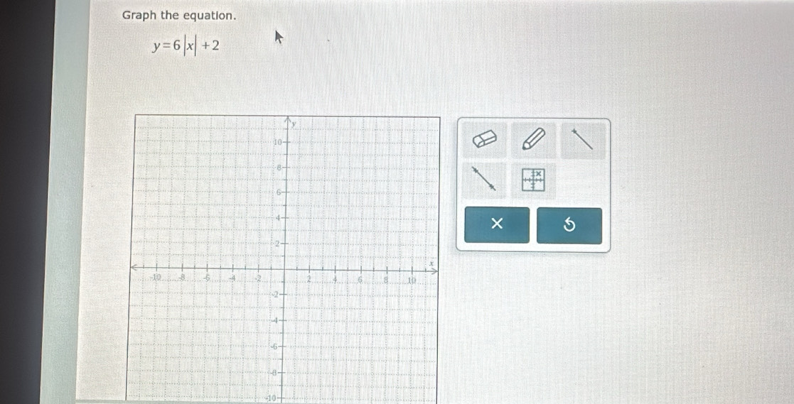 Graph the equation.
y=6|x|+2
×
-10