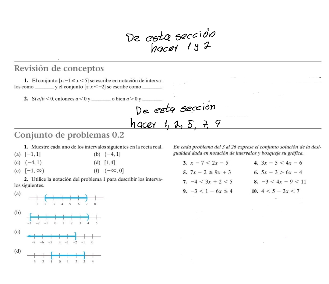 Revisión de conceptos 
1. El conjunto  x:-1≤ x<5 se escribe en notación de interva- 
los como _y el conjunto  x:x≤ -2 se escribe como_ . 
2. Si a/ /b<0</tex> , entonces a<0</tex> y_ o bien a>0 v_ 
Conjunto de problemas 0.2
1. Muestre cada uno de los intervalos siguientes en la recta real. En cada problema del 3 al 26 exprese el conjunto solución de la desi- 
(a) [-1,1] (b) (-4,1] gualdad dada en notación de intervalos y bosqueje su gráfica. 
(c) (-4,1) (d) [1,4] 3. x-7<2x-5</tex> 4. 3x-5<4x-6</tex> 
(e) [-1,∈fty ) (f) (-∈fty ,0]
5. 7x-2≤ 9x+3 6. 5x-3>6x-4
2. Utilice la notación del problema 1 para describir los interva - 7. -4<3x+2<5</tex> 8. -3<4x-9<11
los siguientes. 
9. -3<1-6x≤ 4
(a 10. 4<5-3x<7
(b 
(c 
(d