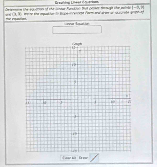 Graphing Linear Equations 
Determine the equation of the Linear Functian that passes through the paints (-3,9)
and (3,3). Write the equation in Slope-intercept Form and draw an accurate graph of 
the equation. 
Linear Equation 
Clear All Drew"