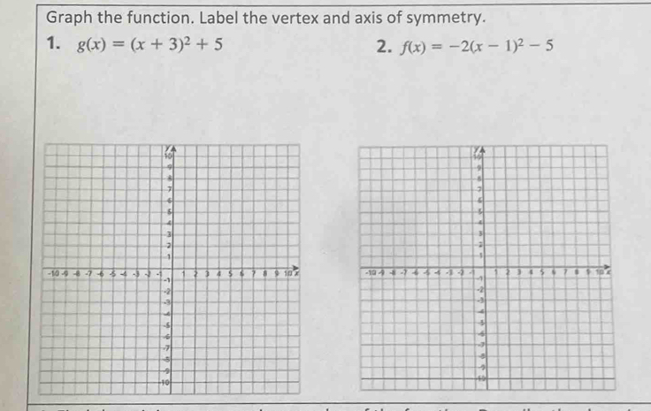 Graph the function. Label the vertex and axis of symmetry. 
1. g(x)=(x+3)^2+5 2. f(x)=-2(x-1)^2-5