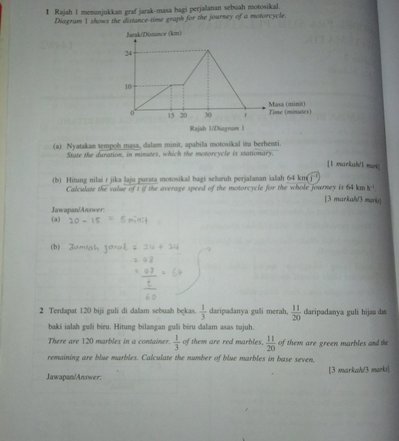 Rajah l menunjukkan graf jarak-masa bagi perjalanan sebuah motosikal. 
Diagram  shows the distance-time graph for the journey of a motorcycle 
(a) Nyatakan tempoh masa, dalam minit, apabila motosikal itu berhenti. 
State the duration, in minutes, which the motorcycle is stationary. 
[1 markah/1 mank] 
(b) Hitung nilai / jika laju purata motosikal bagi seluruh perjalanan ialah 64 km
Calculate the value of t if the average speed of the motorcycle for the whole journey is 64kmh^(-1). 
[3 markah/3 marks] 
Jawapan/Answer: 
(a) 
(b) 
2 Terdapat 120 biji guli di dalam sebuah bękas.  1/3  daripadanya guli merah.  11/20  daripadanya guli hijau da 
baki ialah guli biru. Hitung bilangan guli biru dalam asas tujuh. 
There are 120 marbles in a container.  1/3  of them are red marbles.  11/20  of them are green marbles and the 
remaining are blue marbles. Calculate the number of blue marbles in base seven. 
Jawapan/Answer: [3 markah/3 marks]