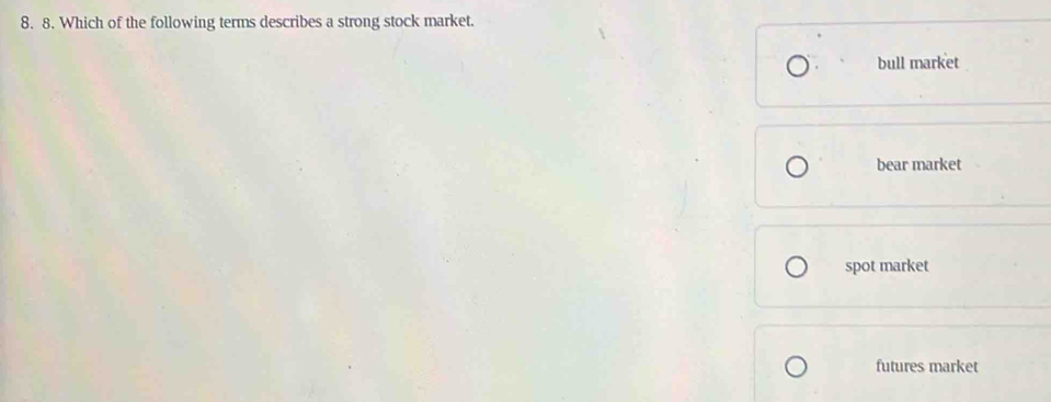 Which of the following terms describes a strong stock market.
bull market
bear market
spot market
futures market