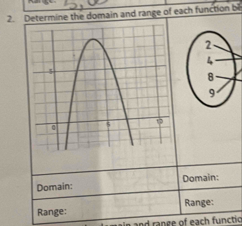 2 
2. Determine the domain and range of each function be 
Domain: 
Domain: 
Range: 
Range: 
and range of each functio