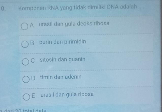 Komponen RNA yang tidak dimiliki DNA adalah ....
A urasil dan gula deoksiribosa
B purin dan pirimidin
C£sitosin dan guanin
D timin dan adenin
E urasil dan gula ribosa
1 darí 20 total data