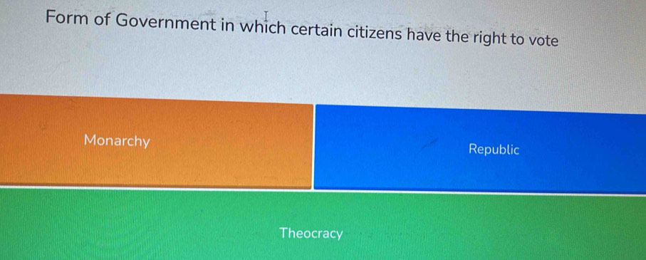 Form of Government in which certain citizens have the right to vote
Monarchy Republic
Theocracy