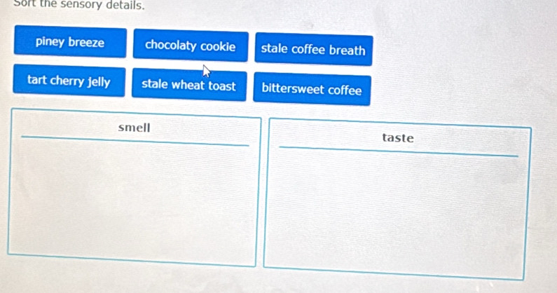 Sort the sensory details. 
piney breeze chocolaty cookie stale coffee breath 
tart cherry jelly stale wheat toast bittersweet coffee 
smell taste