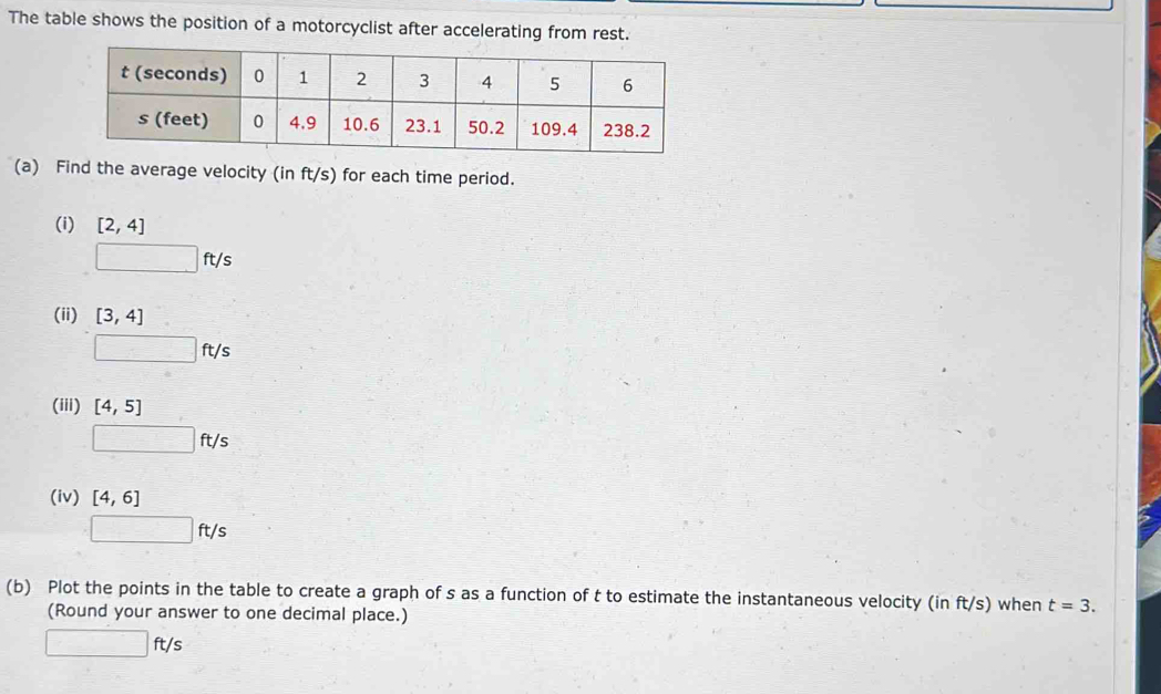 The table shows the position of a motorcyclist after accelerating from rest. 
(a) Find the average velocity (in ft/s) for each time period. 
(i) [2,4]
□ ft/s
(ii) [3,4]
□ ft/s
(iii) [4,5]
□ ft/s
(iv) [4,6]
□ ft/s
(b) Plot the points in the table to create a graph of s as a function of t to estimate the instantaneous velocity (in ft/s) when t=3. 
(Round your answer to one decimal place.)
□ ft/s