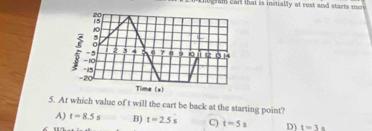 knogram cart that is initially at rest and starts mov
5. At which value of t will the cart be back at the starting point?
A) t=8.5s B) t=2.5s C) t=5s D) t=3s