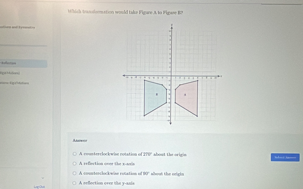 Which transformation would take Figure A to Figure B?
ations and Symmetry
Reflection 
Rigid Mations)
ations: Rigid Motions
Answer
A counterclockwise rotation of 270° about the origin Submit Ane
A reflection over the x-axis
A counterclockwise rotation of 90° about the origin
A reflection over the y-axis
Log Out