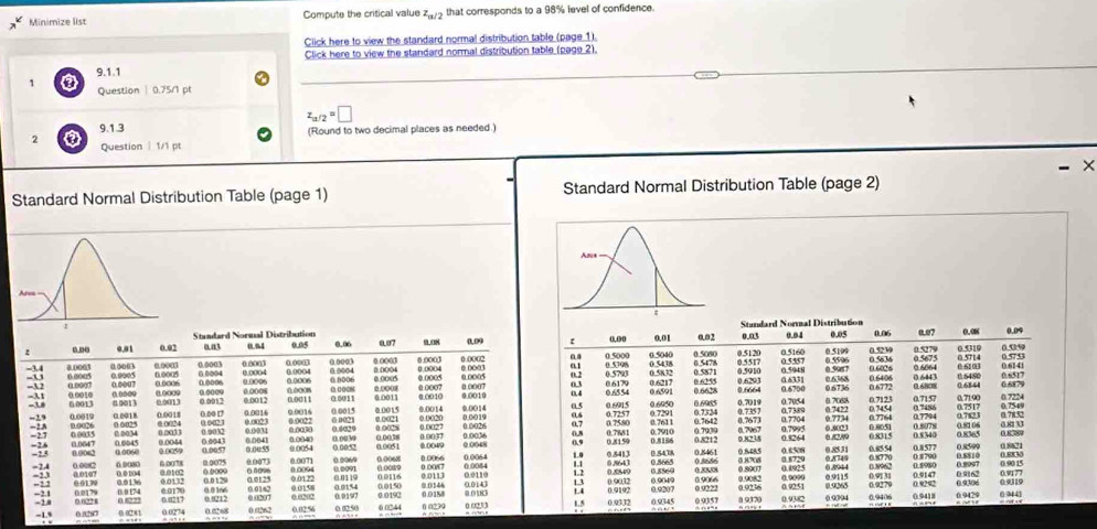 Minimize list Compute the critical value z_a/2
Click here to view the standard normal distribution table (page 1).
Click here to view the standard normal distribution table (page 2).
9.1.1
1 Question | 0.75/1 pt
z_a/2=□
9.1.3 (Round to two decimal places as needed.)
2 Question  1/1 pt
- ×
Standard Normal Distribution Table (page 1)
Standard Norsual Distribution 
0.01 0.02 0.a3 0.05 0.7 0,09
00003 
-3.4 40061 6.0005 0.0005 6.0005 0.0003 0.0003 0.00 0.0004 6.0006 0. 000 0 0004 0 o((d 0.0003 0.0004 @ 0003
00007 o.o0u 0.0006 ? 0.… 0000% 04 0.0007 0.0005
--3.2 =31 0.0010 0 009 0.9013
-38 6.0013 0 0013 0.0011 0.0011 0.0011 0.0010 0.0010
-29 0.0019 0.0018 0.0018 0.0022 ;; 0.0015 
 e 0024 0.0021 0.0015 ;;;
-2.6 0.0035 ; 0001 0.0002 0.0641 0.0030 0.0040 a oa v 0 008 0.0038 : c (.0)026
0.0647 0.0060 0 0059 ; : 0:0055 0 0054 ( 00/52 0.0051
-24 6 0078 0.01c2 0.0075 0.0073 0.0071 0.0094 0.0069 0.0091 0.0066 0 00 () 0054 0.0110 0.0064
-23 0.0129 0.0125 0.0162 0.0158 0.0119
-21 0):0139 0.0136 0.0:174 002 17 0 0217 e02e 0.0202 ; ;;; 0.0150 0.0116 0.019C ;;;; 001M 0.0143 a 0 13
-2.1 0.0132 é 0170 0.0166 0.0122
-2 0.8272 0.0262 0.0256 0.0250 0.0244 0.0233
0 0281 0.0274