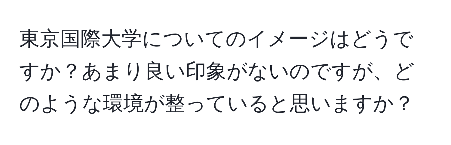 東京国際大学についてのイメージはどうですか？あまり良い印象がないのですが、どのような環境が整っていると思いますか？