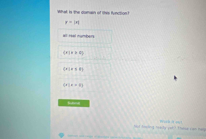 What is the domain of this function?
y=|x|
all real numbers
 x|x≥ 0
 x|x≤ 0
 x|x>0
Submit
Work it out
Not feeling ready yet? These can help
Demarn and cango of absolute volue functions pran