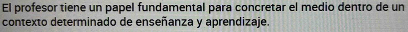 El profesor tiene un papel fundamental para concretar el medio dentro de un 
contexto determinado de enseñanza y aprendizaje.