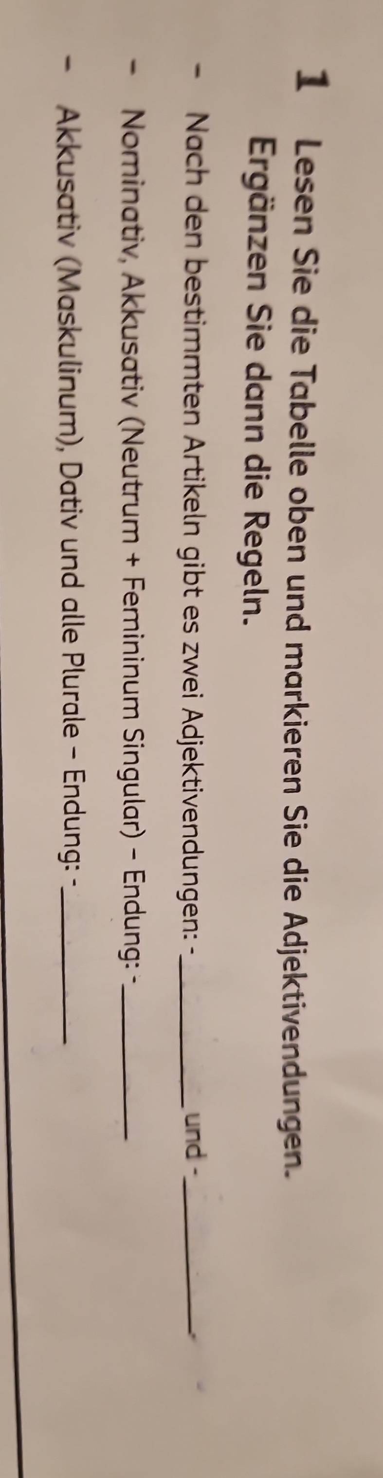 Lesen Sie die Tabelle oben und markieren Sie die Adjektivendungen. 
Ergänzen Sie dann die Regeln. 
- Nach den bestimmten Artikeln gibt es zwei Adjektivendungen: ._ und -_ 
Nominativ, Akkusativ (Neutrum + Femininum Singular) − Endung: -_ 
Akkusativ (Maskulinum), Dativ und alle Plurale - Endung: -_