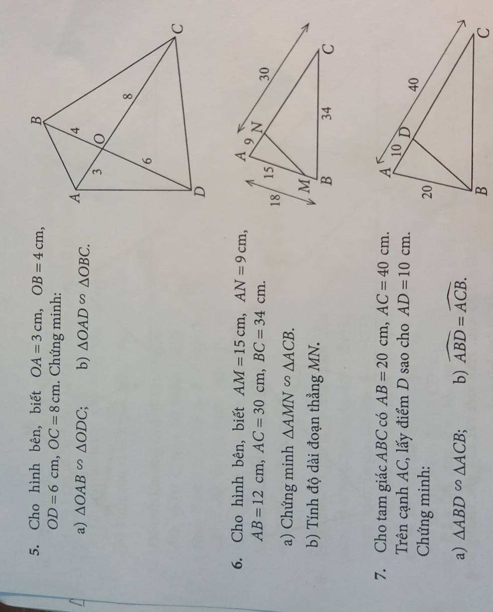 Cho hình bên, biết OA=3cm, OB=4cm,
OD=6cm, OC=8cm. Chứng minh: 
a) △ OAB∽ △ ODC; b) △ OAD∽ △ OBC. 
6. Cho hình bên, biết AM=15cm, AN=9cm,
AB=12cm, AC=30cm, BC=34cm. 
a) Chứng minh △ AMN°△ ACB. 
b) Tính độ dài đoạn thẳng MN. 
7. Cho tam giác ABC có AB=20cm, AC=40cm. 
Trên cạnh AC, lấy điểm D sao cho AD=10cm. 
Chứng minh: 
a) △ ABD∽ △ ACB; b) widehat ABD=widehat ACB.