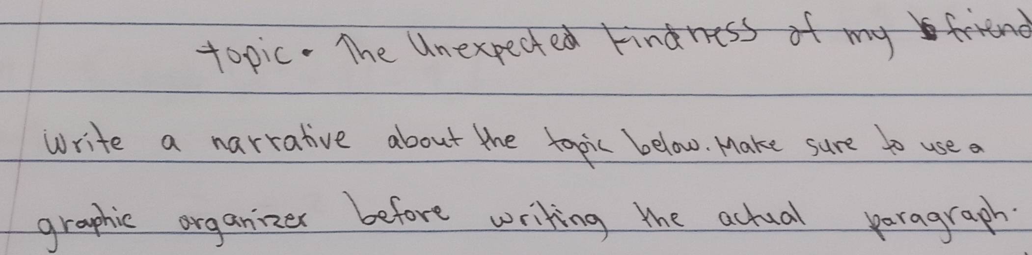 topic. The Unexpected Findness of my friend 
write a narrative about the topic below. Make sure to use a 
graphic organizer before writing the achual paragraph