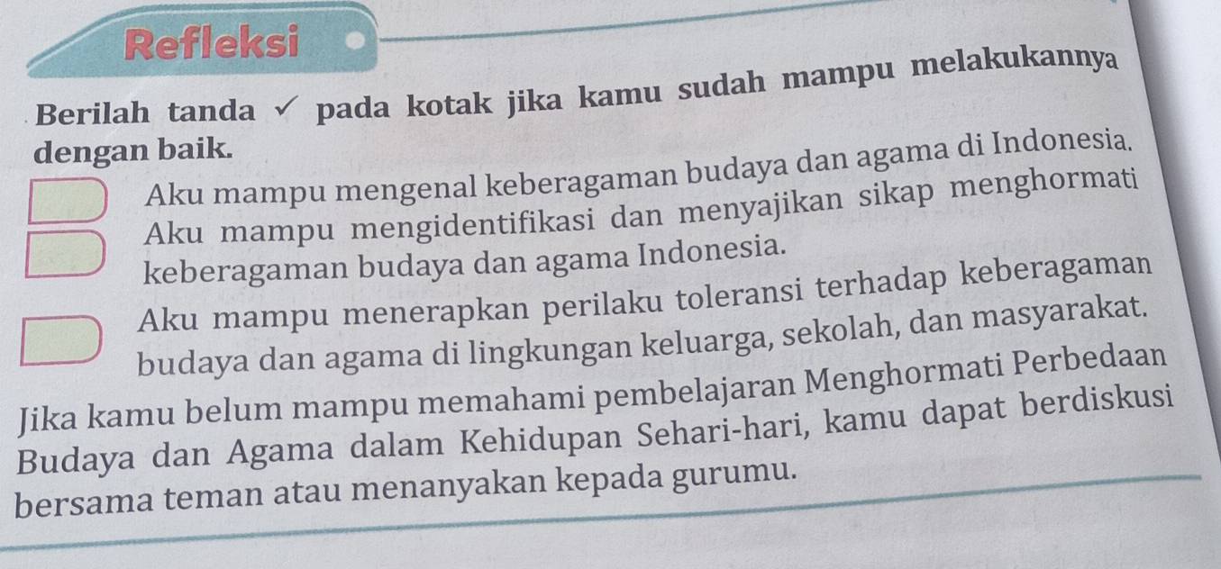 Refleksi
Berilah tanda pada kotak jika kamu sudah mampu melakukannya
dengan baik.
Aku mampu mengenal keberagaman budaya dan agama di Indonesia.
Aku mampu mengidentifikasi dan menyajikan sikap menghormati
keberagaman budaya dan agama Indonesia.
Aku mampu menerapkan perilaku toleransi terhadap keberagaman
budaya dan agama di lingkungan keluarga, sekolah, dan masyarakat.
Jika kamu belum mampu memahami pembelajaran Menghormati Perbedaan
Budaya dan Agama dalam Kehidupan Sehari-hari, kamu dapat berdiskusi
bersama teman atau menanyakan kepada gurumu.