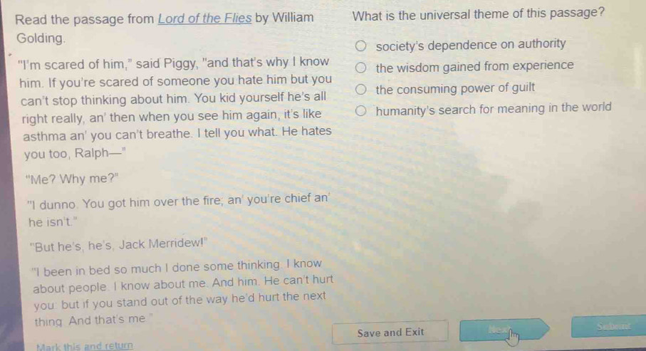 Solved: Read the passage from Lord of the Flies by William What is the ...