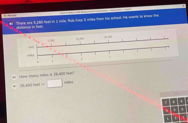 × 
@ i-Ready Solve Problems with Measurement Conversions — Instruction — Level F 
There are 5,280 feet in 1 mile. Rob lives 3 miles from his school. He wants to know the 
distance in feet. 
《》 How many miles is 26,400 feet?
26,400feet=□ miles