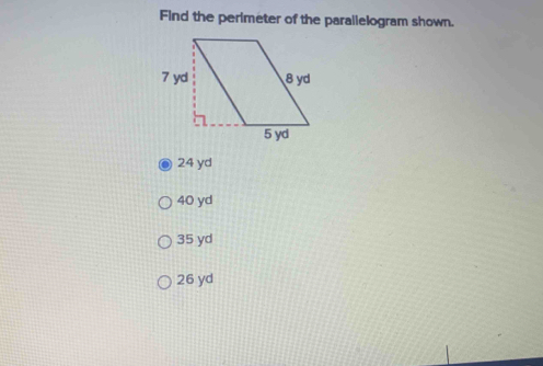 Solved: Find the perimeter of the parallelogram shown. 24 yd 40 yd 35 ...
