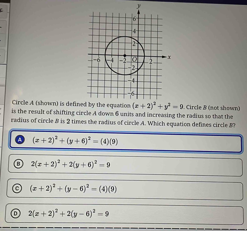 Circle A (shown) is define (x+2)^2+y^2=9. Circle B (not shown)
is the result of shifting circle A down 6 units and increasing the radius so that the
radius of circle B is 2 times the radius of circle A. Which equation defines circle B?
A (x+2)^2+(y+6)^2=(4)(9)
B 2(x+2)^2+2(y+6)^2=9
(x+2)^2+(y-6)^2=(4)(9)
D 2(x+2)^2+2(y-6)^2=9