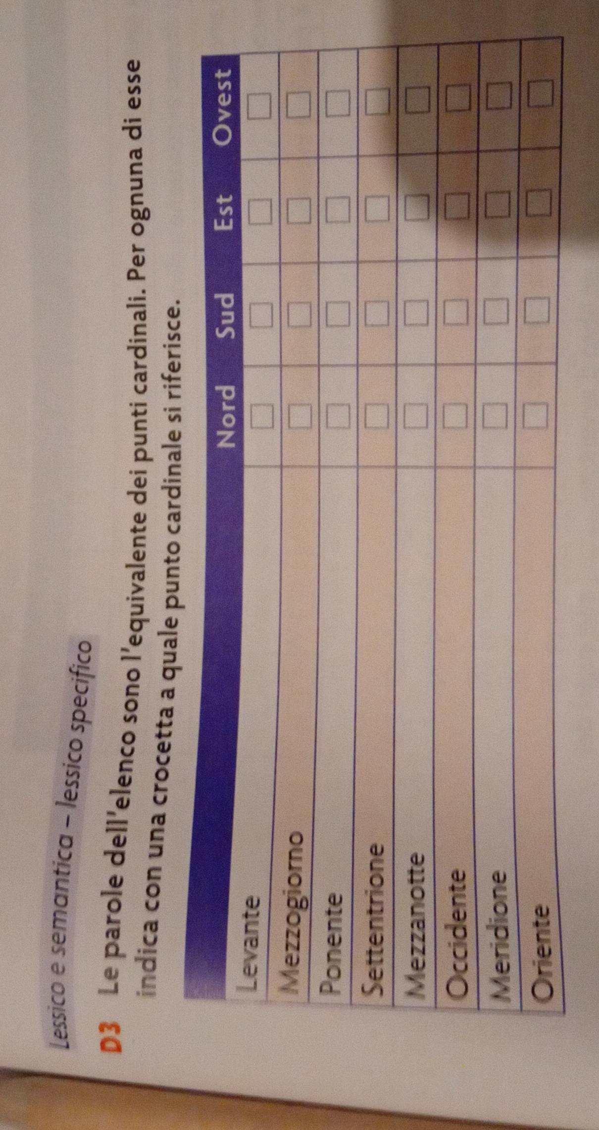 Lessico e semantica - lessico specífico 
D3 Le parole dell'elenco sono l’equivalente dei punti cardinali. Per ognuna di esse 
indica con una crocetta a quale punto cardinale si riferisce.