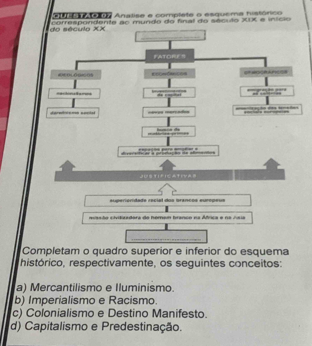 ss ro o7 Analise e complete o esquema histórico
correspondente ao mundo do final do século XIX e início
do século XX
FATORES
IDEOLÓGICOS EconóRicos OFMOGRANCOS
nacionalismes Investioentos de copital emigração para d e 
darwinisme social novas mercados emenização das tenaões eocials europcian
metórias primas busca da
espaços para emptiar e
diversificar a produção de alimentos
J U S T I F I C A T I VAB
superioridade racial dos brancos europeus
missão civilizadora do homem branco na África e na Ásia
Completam o quadro superior e inferior do esquema
histórico, respectivamente, os seguintes conceitos:
a) Mercantilismo e Iluminismo.
b) Imperialismo e Racismo.
c) Colonialismo e Destino Manifesto.
d) Capitalismo e Predestinação.