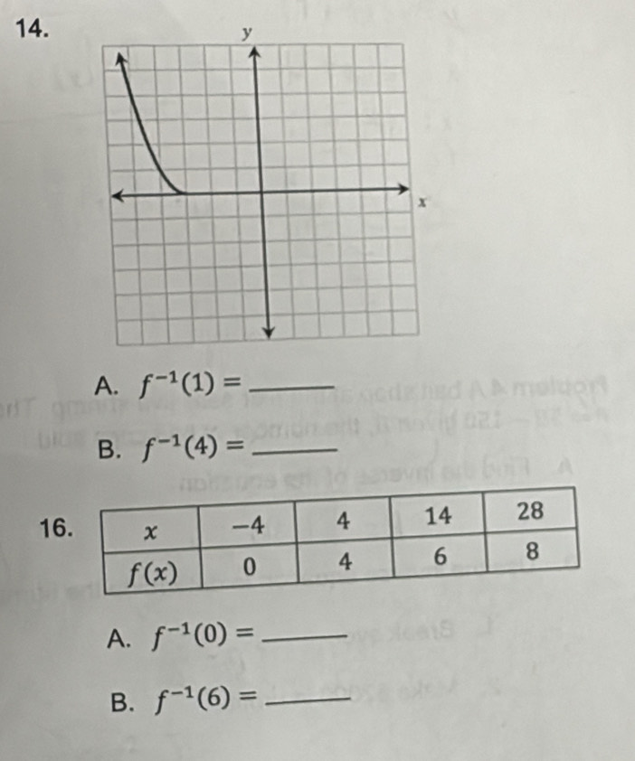 f^(-1)(1)= _
B. f^(-1)(4)= _
16
A. f^(-1)(0)= _
B. f^(-1)(6)= _