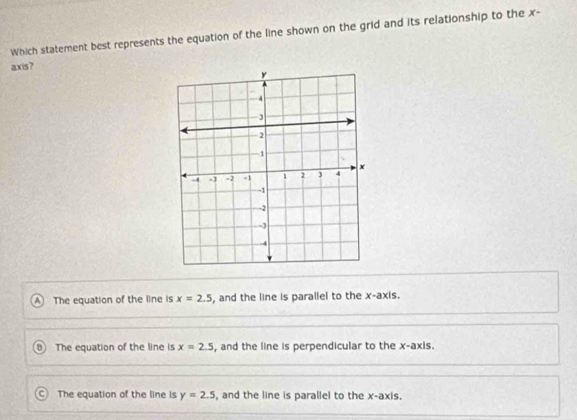 Which statement best represents the equation of the line shown on the grid and its relationship to the x -
axis?
A The equation of the line is x=2.5 , and the line is parallel to the x-axis.
The equation of the line is x=2.5 , and the line is perpendicular to the x-axis.
The equation of the line is y=2.5 , and the line is parallel to the x-axis.