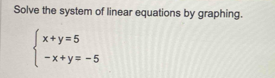 Solve the system of linear equations by graphing.
beginarrayl x+y=5 -x+y=-5endarray.