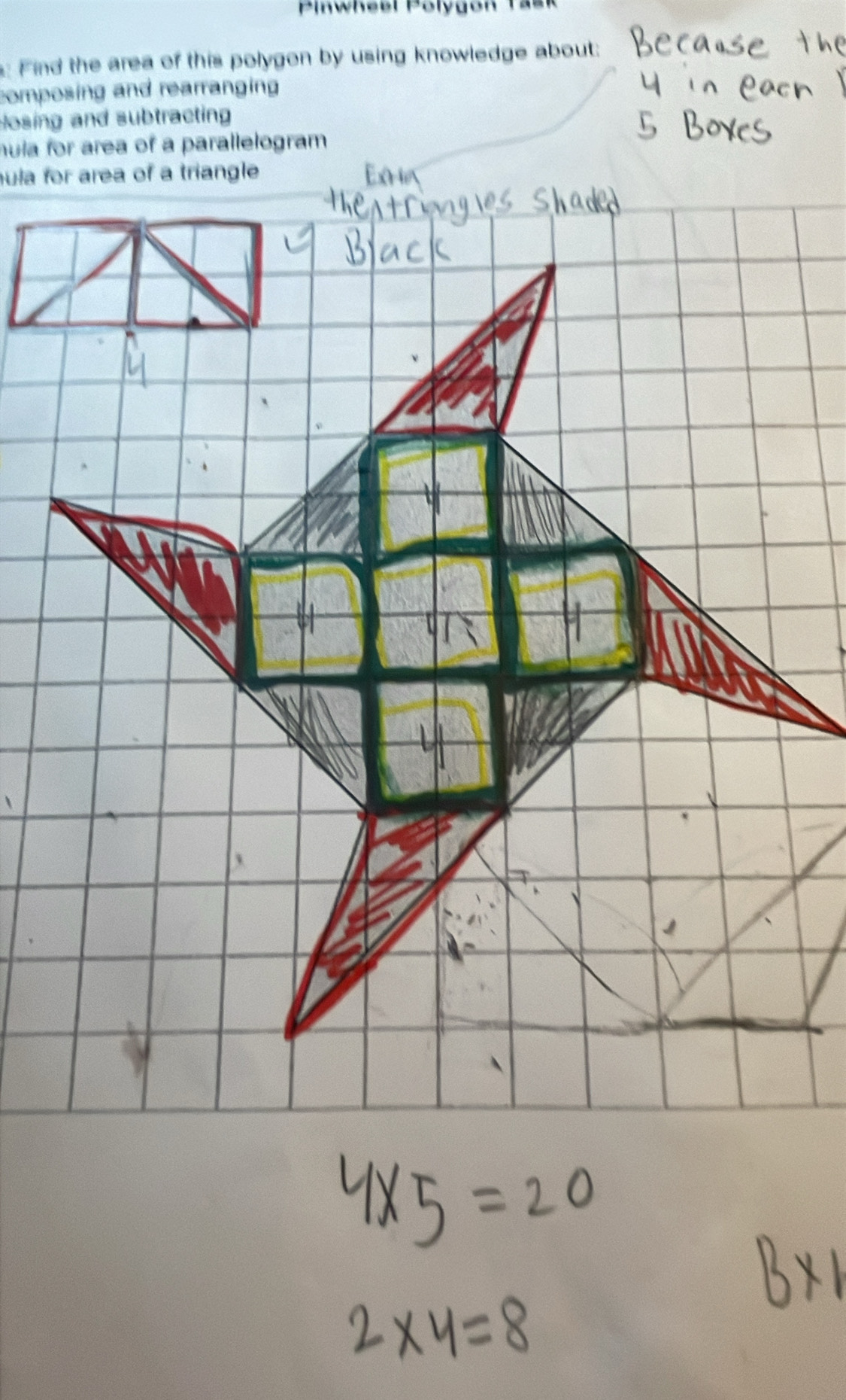 Find the area of this polygon by using knowledge about:
composing and rearranging
Hosing and subtracting
huia for area of a parallelogram
ula for area of a triangle