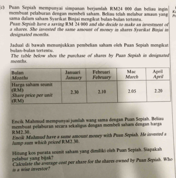 Puan Sepiah mempunyai simpanan berjumlah RM24 000 dan beliau ingin K 
membuat pelaburan dengan membeli saham. Beliau telah melabur amaun yang Pc 
sama dalam saham Syarikat Binjai mengikut bulan-bulan tertentu. 
Puan Sepiah have a saving RM 24 000 and she decide to make an investment of 
a shares. She invested the same amount of money in shares Syarikat Binjai in 
designated months. 
Jadual di bawah menunjukkan pembelian saham oleh Puan Sepiah mengikut 
bulan-bulan tertentu. 
The table below shos the purchase of shares by Puan Sepiah in designated 
months. 
Encik Mahmud mempunyai jumlah wang sama dengan Puan Sepiah. Beliau 
membuat pelaburan secara sekaligus dengan membeli saham dengan harga
RM2.30. 
Encik Mahmud have a same amount money with Puan Sepiah. He invested a 
lump sum which priced RM2.30. 
Hitung kos purata seunit saham yang dimiliki oleh Puan Sepiah. Siapakah 
pelabur yang bijak? 
Calculate the average cost per share for the shares owned by Puan Sepiah. Who 
is a wise investor?