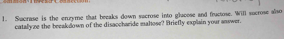 Commón inread Connection: 
1. Sucrase is the enzyme that breaks down sucrose into glucose and fructose. Will sucrose also 
catalyze the breakdown of the disaccharide maltose? Briefly explain your answer.