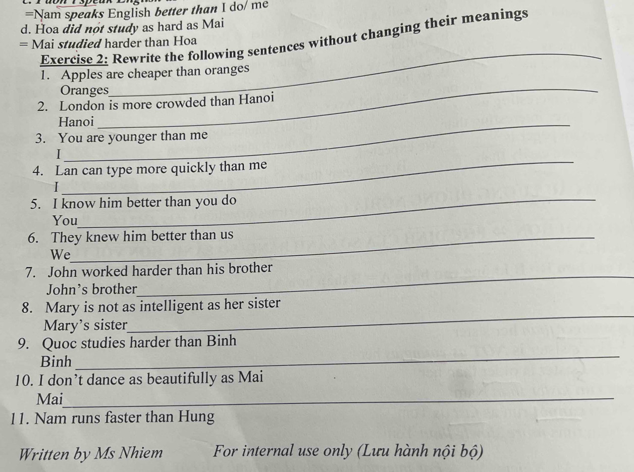 =Nam speaks English better than I do/ me 
d. Hoa did not study as hard as Mai 
_ 
Exercise 2: Rewrite the following sentences without changing their meanings 
= Mai studied harder than Hoa 
1. Apples are cheaper than oranges 
Oranges 
2. London is more crowded than Hanoi 
Hanoi 
_ 
3. You are younger than me 
_ 
I 
4. Lan can type more quickly than me 
_ 
I 
5. I know him better than you do 
You 
6. They knew him better than us 
We 
_ 
7. John worked harder than his brother 
John’s brother 
8. Mary is not as intelligent as her sister 
Mary’s sister 
_ 
_ 
9. Quoc studies harder than Binh 
Binh 
10. I don’t dance as beautifully as Mai 
Mai_ 
11. Nam runs faster than Hung 
Written by Ms Nhiem For internal use only (Lưu hành nội bộ)