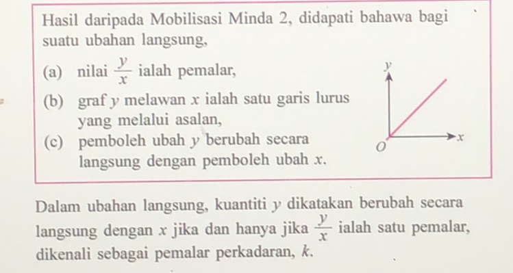 Hasil daripada Mobilisasi Minda 2, didapati bahawa bagi
suatu ubahan langsung,
(a) nilai  y/x  ialah pemalar,
(b) graf y melawan x ialah satu garis lurus
yang melalui asalan,
(c) pemboleh ubah y berubah secara 
langsung dengan pemboleh ubah x.
Dalam ubahan langsung, kuantiti y dikatakan berubah secara
langsung dengan x jika dan hanya jika  y/x  ialah satu pemalar,
dikenali sebagai pemalar perkadaran, k.