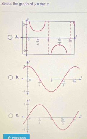 Select the graph of y=sec x.
A
B.
C.
PREVIOUS