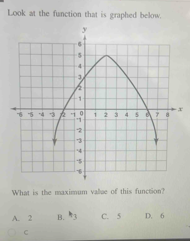 Look at the function that is graphed below.
What is the maximum value of this function?
A. 2 B. 3 C. 5 D. 6
C