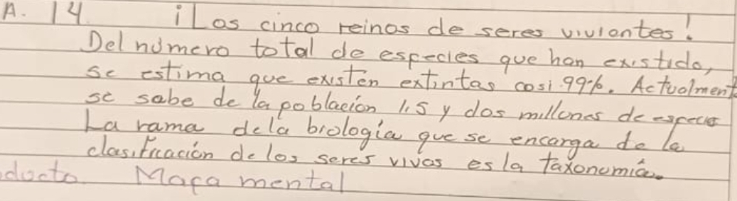 iLos cinco reinos de seres vivientes! 
Del nomero total de especies gue han existido, 
se estima gue existen extintes cosi991. Actoolment 
Ea rahade deco blologa gu de enconga do yo 
clas, ficacion de los seres vivas es la taxonomiā. 
docto Mara mental