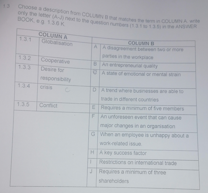 1.3 Choose a description from COLUMN B that matches the term in COLUMN A. write 
only the letter (A-J) next to the questio 
BOOK, e.g. 1. 3.6