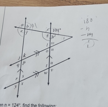 en n=124° find the following: