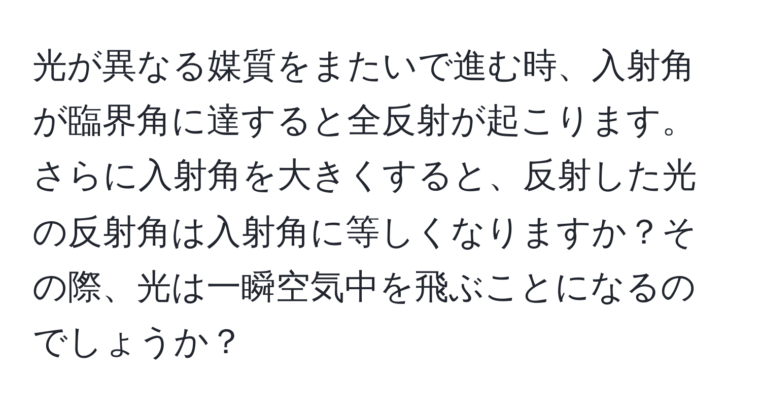 光が異なる媒質をまたいで進む時、入射角が臨界角に達すると全反射が起こります。さらに入射角を大きくすると、反射した光の反射角は入射角に等しくなりますか？その際、光は一瞬空気中を飛ぶことになるのでしょうか？