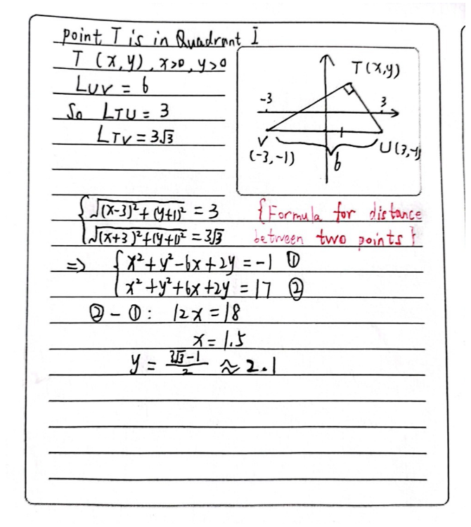Solved: TUV is a 30°-60°-90° triangle, where two vertices are U(3,-1 ...