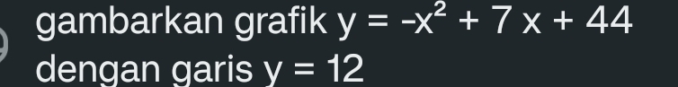 gambarkan grafik y=-x^2+7x+44
dengan garis y=12