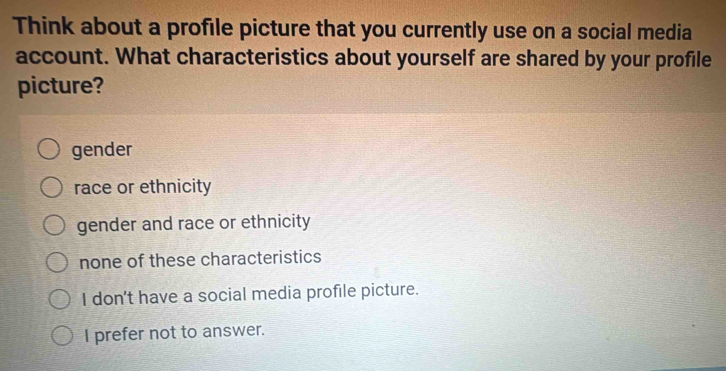 Think about a profile picture that you currently use on a social media ...