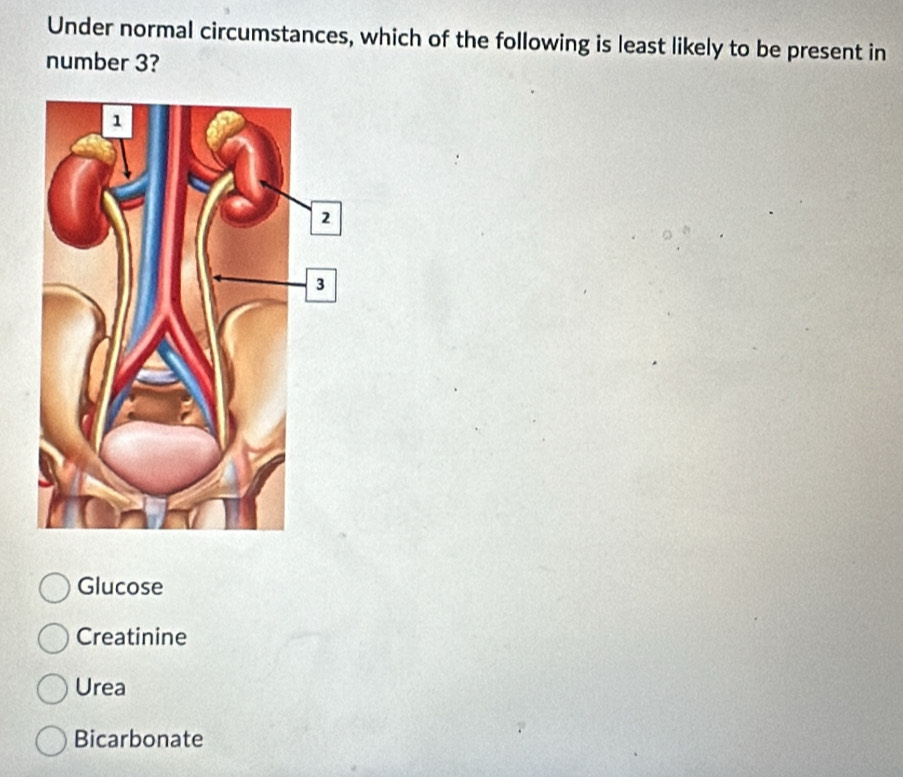 Under normal circumstances, which of the following is least likely to be present in
number 3?
Glucose
Creatinine
Urea
Bicarbonate