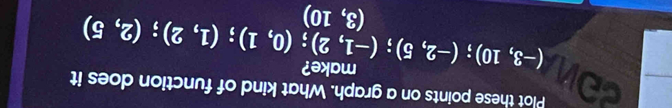 Plot these points on a graph. What kind of function does it 
make?
(-3,10);(-2,5);(-1,2);(0,1);(1,2);(2,5)
(3, 10)