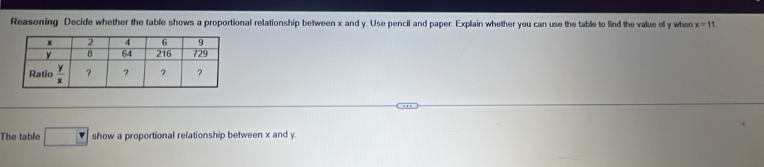 Reasoning Decide whether the table shows a proportional relationship between x and y. Use pencil and paper. Explain whether you can use the table to find the value of y when x=11.
The table □  _ v show a proportional relationship between x and y