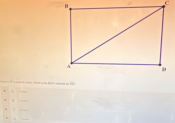 Suppose overline AC is about B inches. Which is the BEST estimate for overline CD ?
A 2 inches
B 4 inches
C 6 inches
7 inches