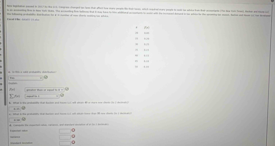 New legislation passed in 2017 by the U.S. Congress changed tax laws that affect how many people file their taxes, which required many people to seek tax advice from their accountants (The New York Times). Backan and Hayes LLC
is an accounting firm in New York State. The accounting firm believes that it may have to hire additional accountants to assist with the increased demand in tax advice for the upcoming tax season. Backen and Hayes LLC has developed
the following probability distribution for z = number of new clients seeking tax advice.
Excel Fille: data05-19.xdsx
r f(x)
20 0.05
25 0.70
30 0.25
35 0.15
40 0.15
45 0.10
50 0.10
a. Is this a valid probability distribution?
Yes
. Explain.
f(x) greater than or equal to () √
sumlimits f(x) equal to 1
b. What is the probability that Backen and Hayes LLC will obtain 40 or more new clients (to 2 decimals)?
3°
c. What is the probability that Backen and Hayes LLC will obtain fewer than 35 new clients (to 2 decimals)?
0.50
d. Compute the expected value, variance, and standard deviation of 2 (to 2 decimals).
Expected valu=
Variance
Standard Deviation